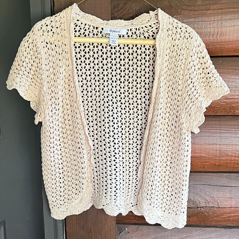 Style & Co. 100% Cotton Beige Open Knit Shrug/Cardigan w/Scalloped Edges Size S